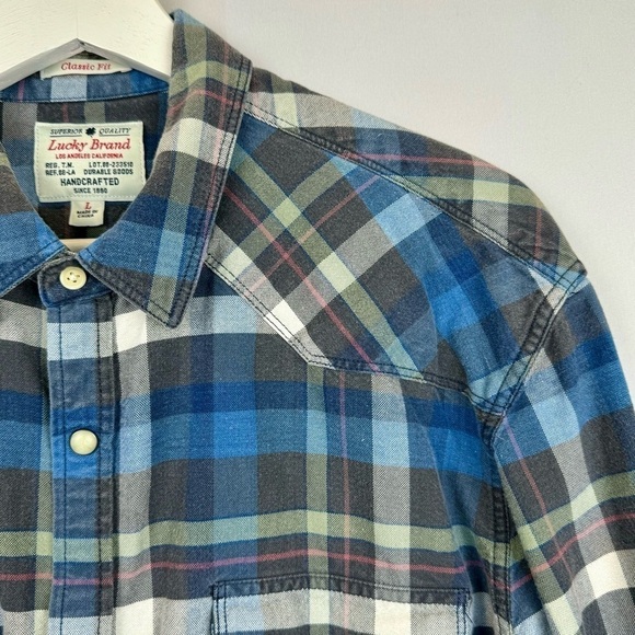 Lucky Brand Shirt Classic Fit Long Sleeves Snap Front Blue Green Plaid Large - Picture 4 of 12